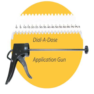 Dial-A-Dose Application Gun with measurement scale on a yellow background